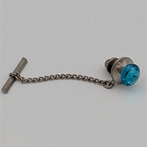 VTG Silver Tone Tie Tack Round Faceted Blue Rhinestone Safety Chain T-Bar Pin